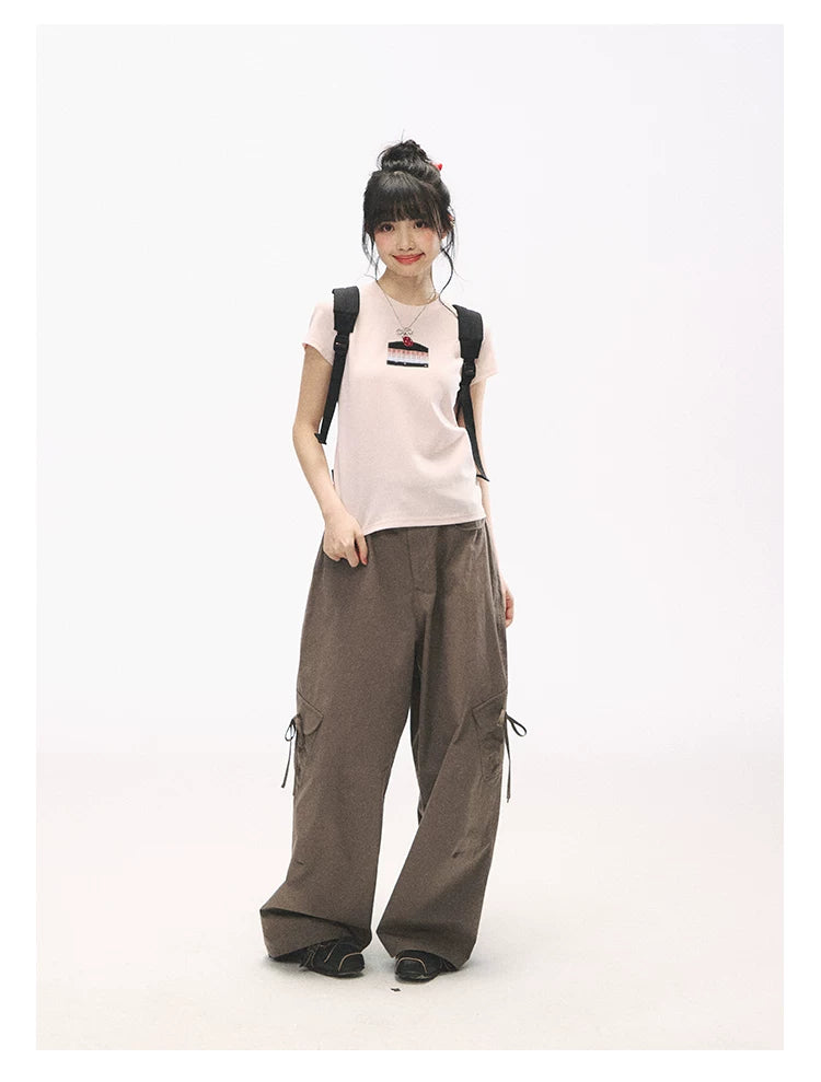 "Strawberry Shortcake Mood" Peach Pink Patchwork Cake Graphic Cotton Tee