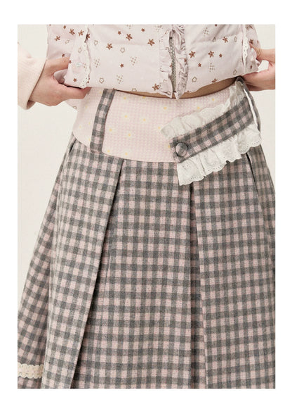 [RF] Gray & Pink Plaid A-Line Midi Skirt with Lace Trim