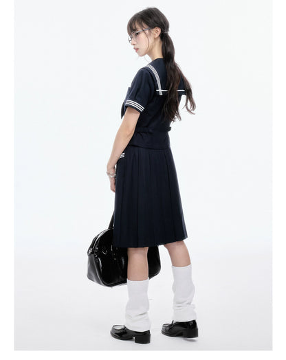 "Evening Star" Navy Sailor Uniform Collection (Sailor Blouse with Scarf / Pleated Midi Skirt)