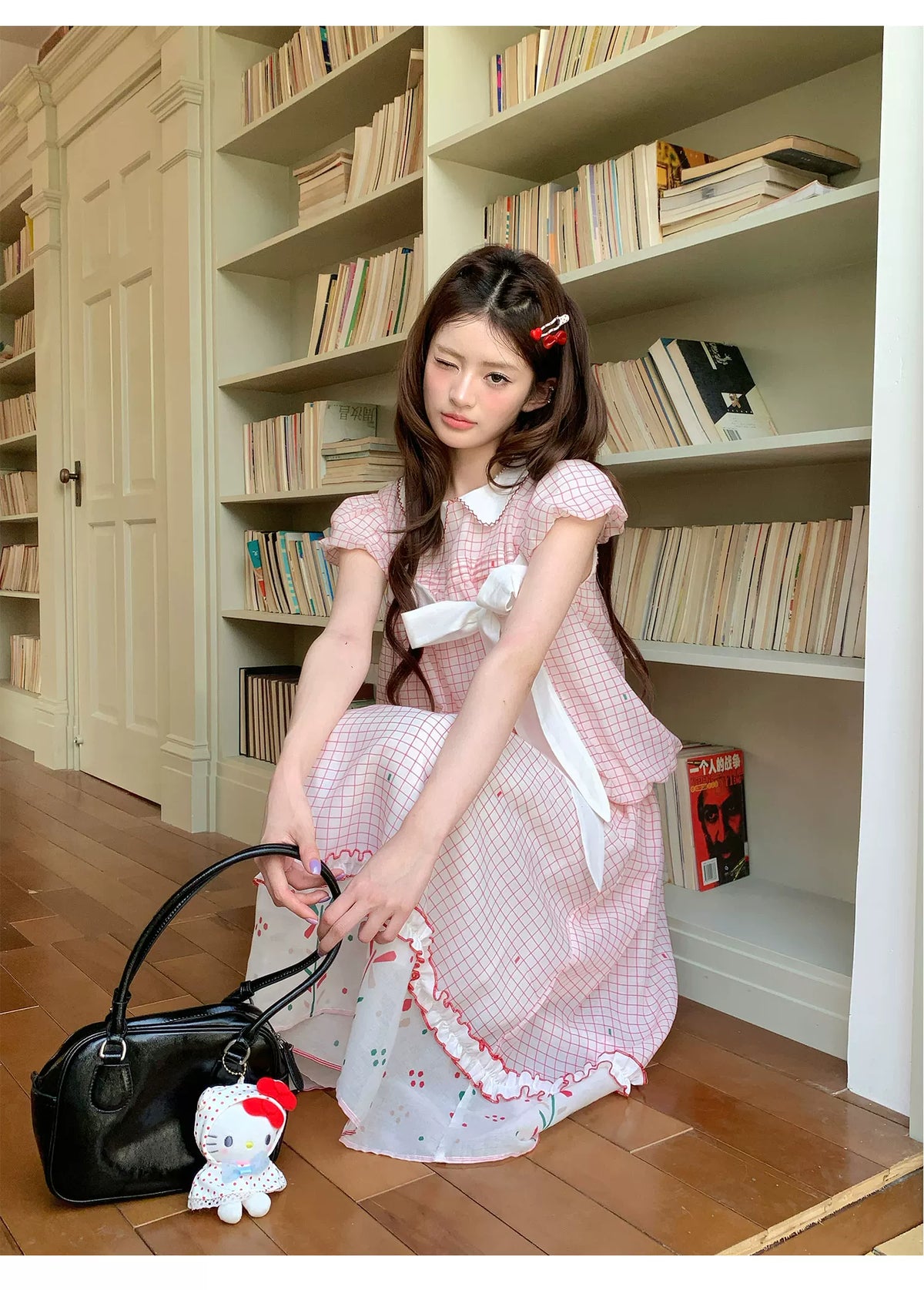 [RF] “Pink Camellia” Cherry Red Plaid Bow Two-Piece Set