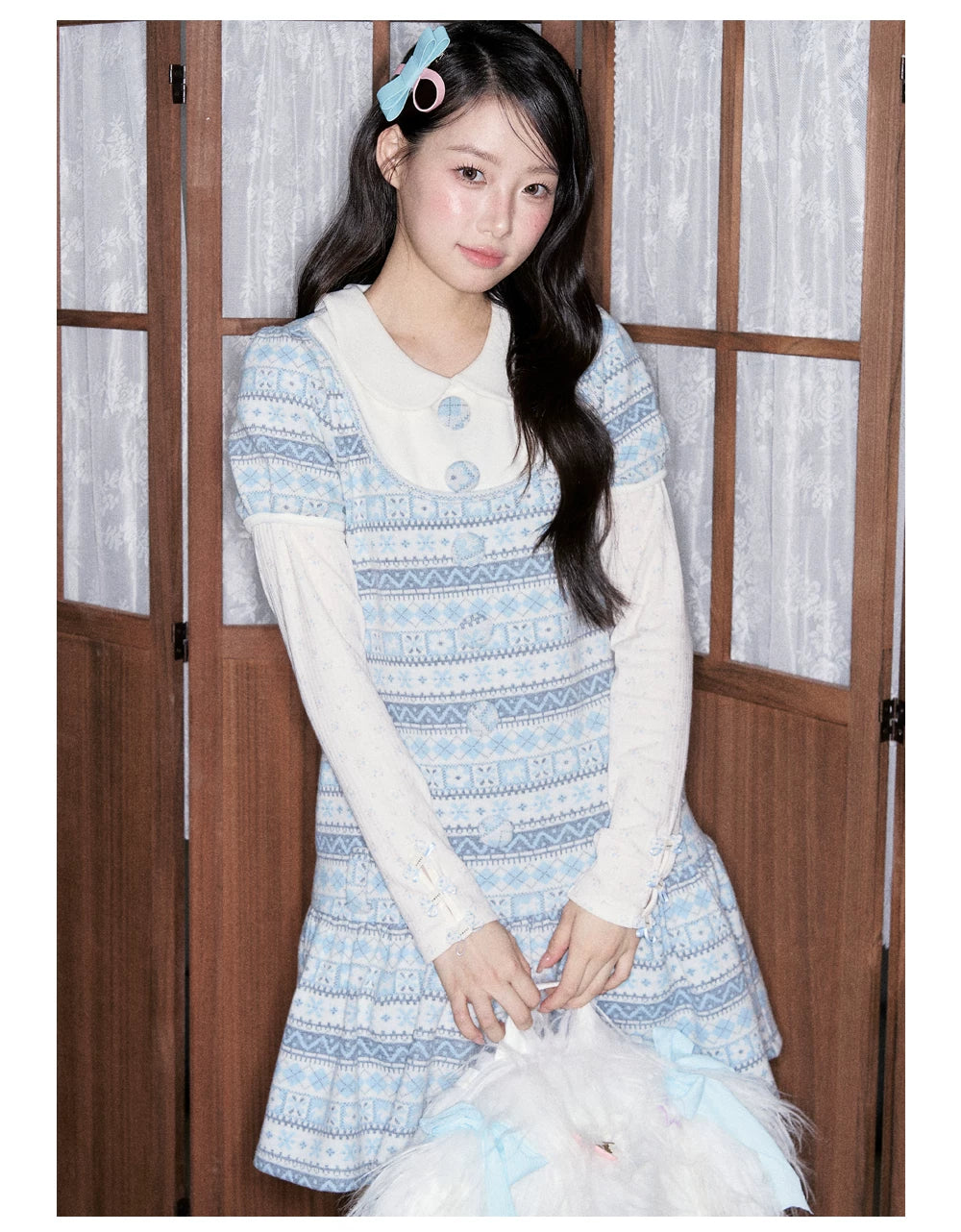 [RF] Cream Floral Peter Pan Collar Long-Sleeve Fitted Layering Top with Lace Details