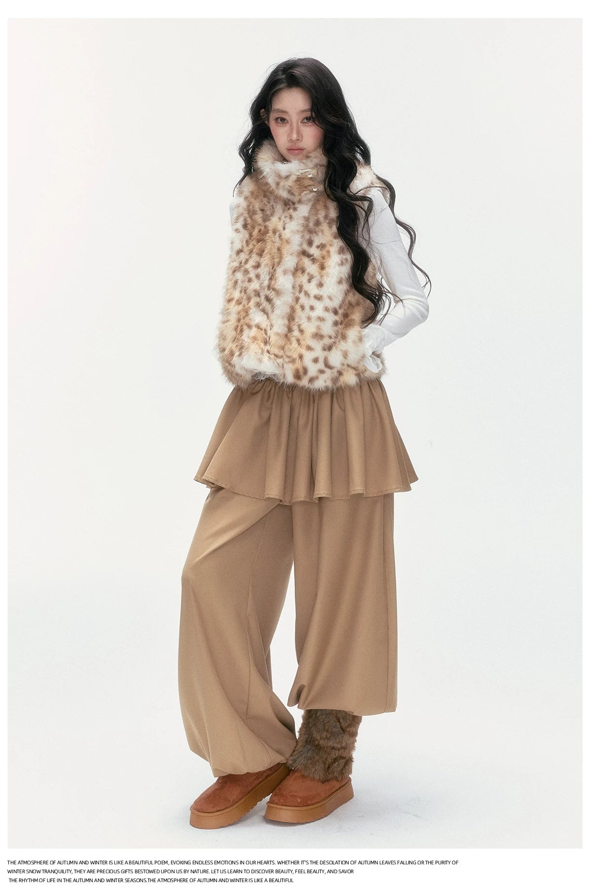 24olvides - Faux Fur Vest with Stand Collar and Toggle Closures (Creamy Leopard Print / Blue-Gray)