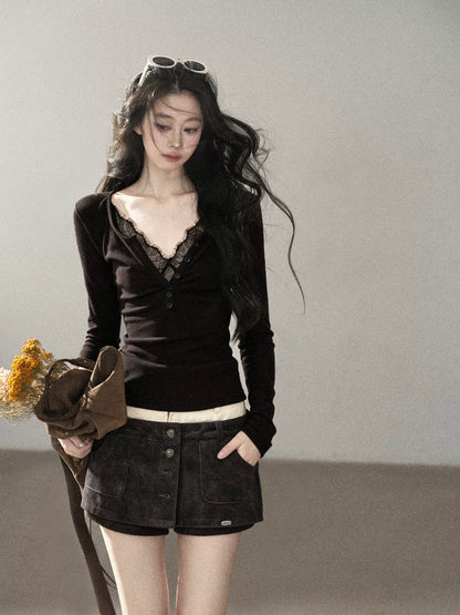 AOMALM - Black Faux Two-Piece V-Neck Lace Long-Sleeve Top
