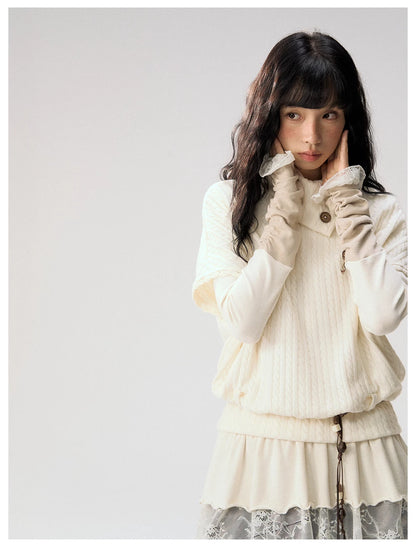 [CAN] "Cloud Knit Reverie" Ivory Cable Knit Bow Embroidered Vest