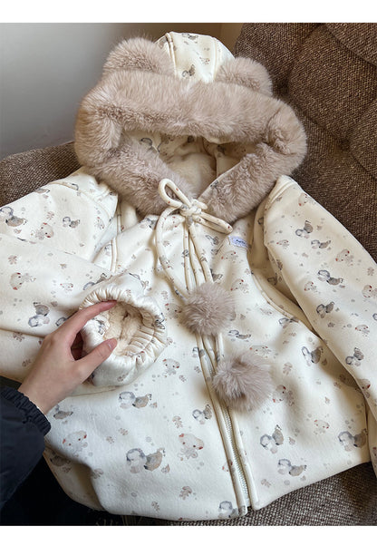 阮阮自制 - Honey Bear Ivory Plush Padded Jacket & Fleece Pants Set