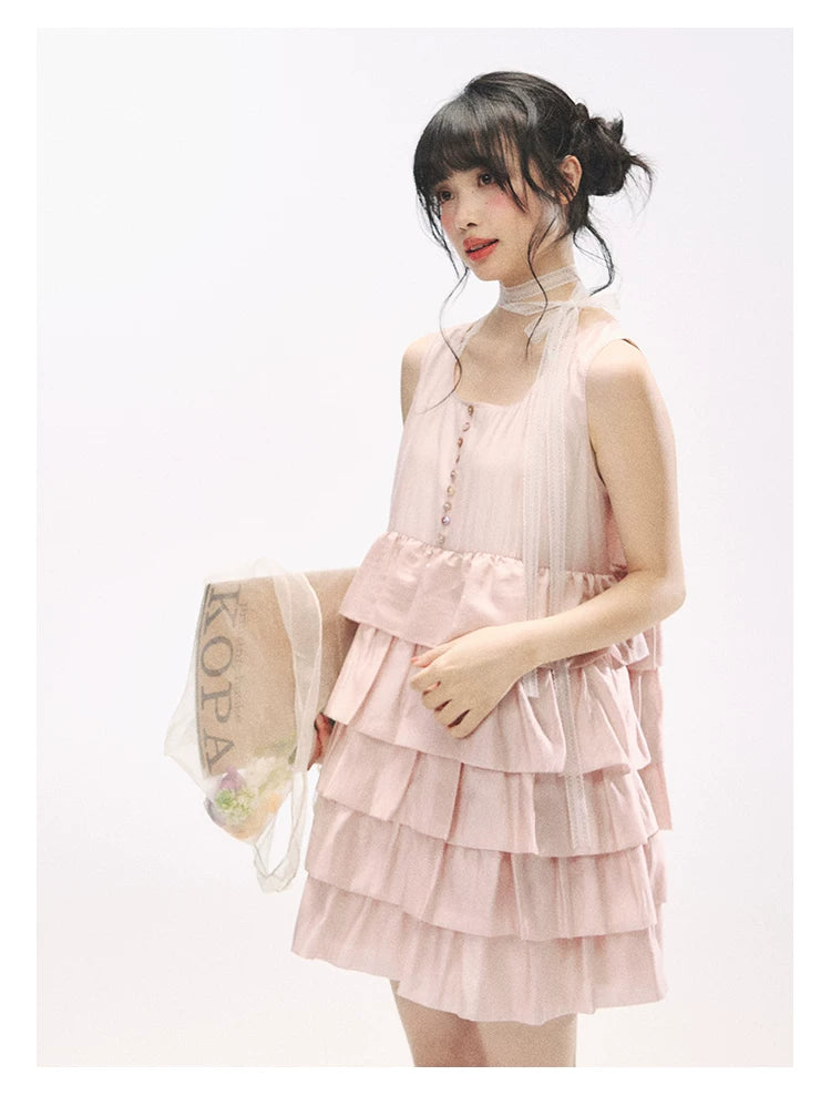 "Misty Pink Reverie" Petal Pink Lace Tie Tiered Sleeveless Dress