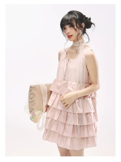 "Misty Pink Reverie" Petal Pink Lace Tie Tiered Sleeveless Dress