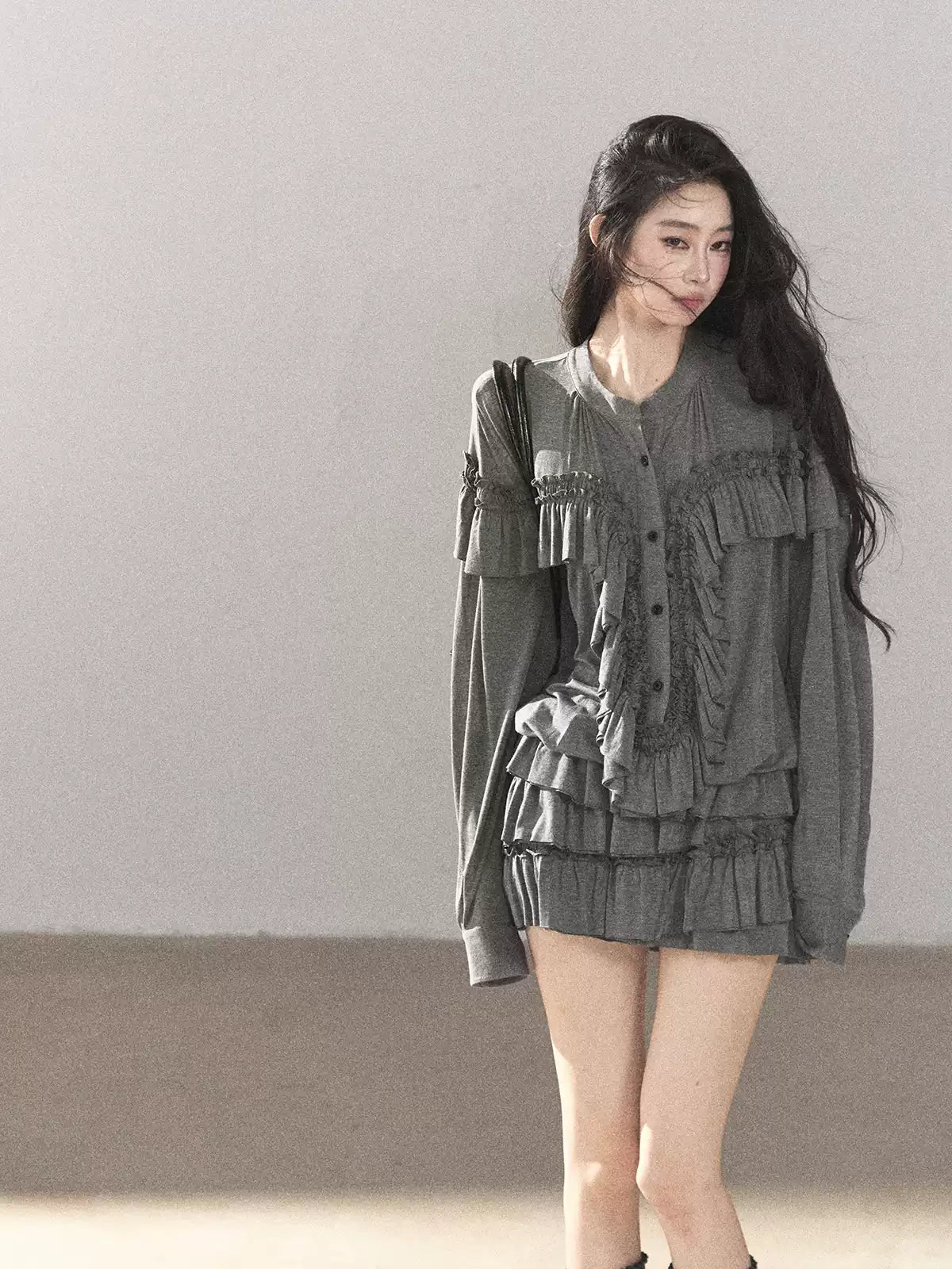 AOMALM - "Echoes in the Folds" Pearl Gray Relaxed Layered Mini Skort Set