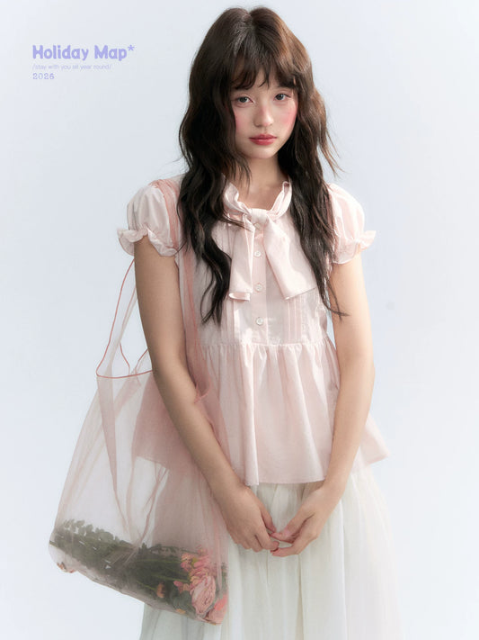 "Rosy Whisper" Dusty Pink Bow Embroidered Puff Sleeve Blouse