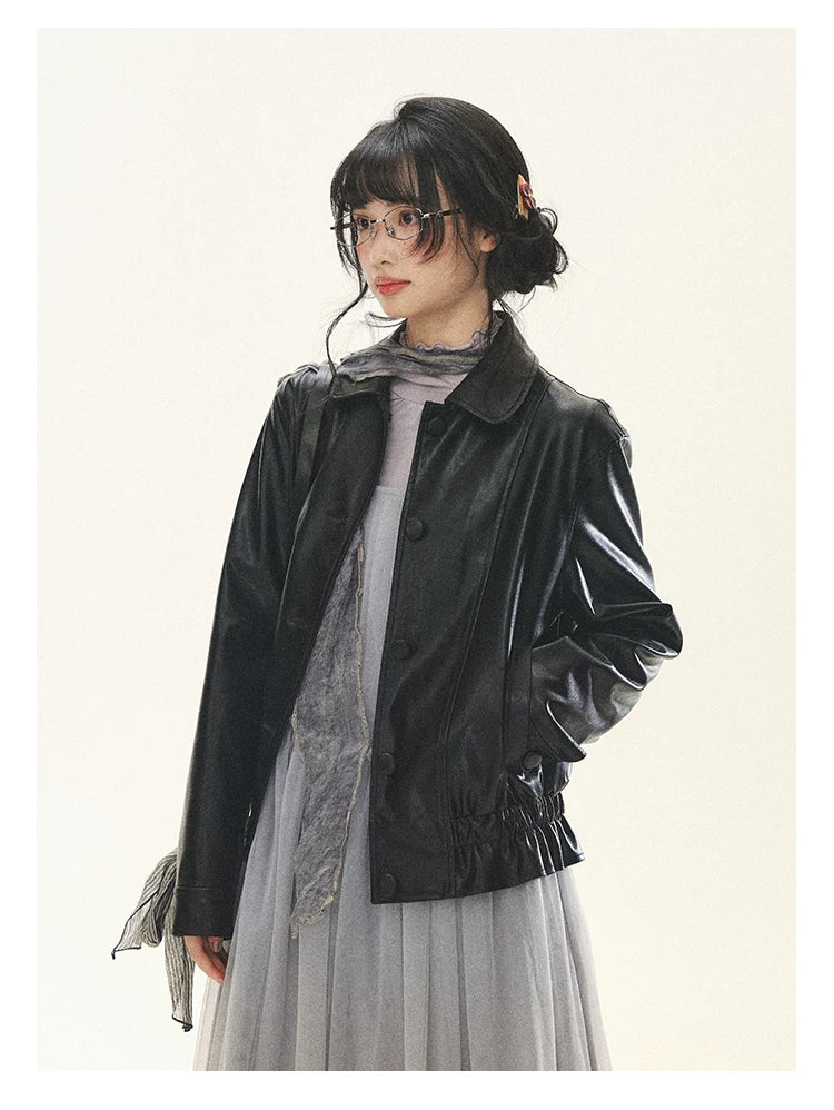 "Venus Gallery" Black Ruffle Collar Cropped Faux Leather Jacket