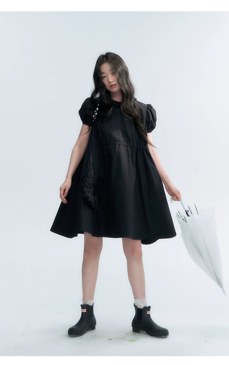 "Puff Doll Dress" Ruffle Trim Puff Sleeve Cotton A-Line Dress (White/ Black)
