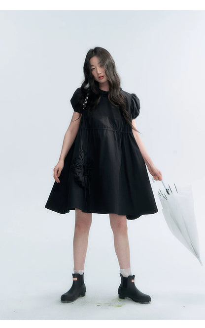 "Puff Doll Dress" Ruffle Trim Puff Sleeve Cotton A-Line Dress (White/ Black)