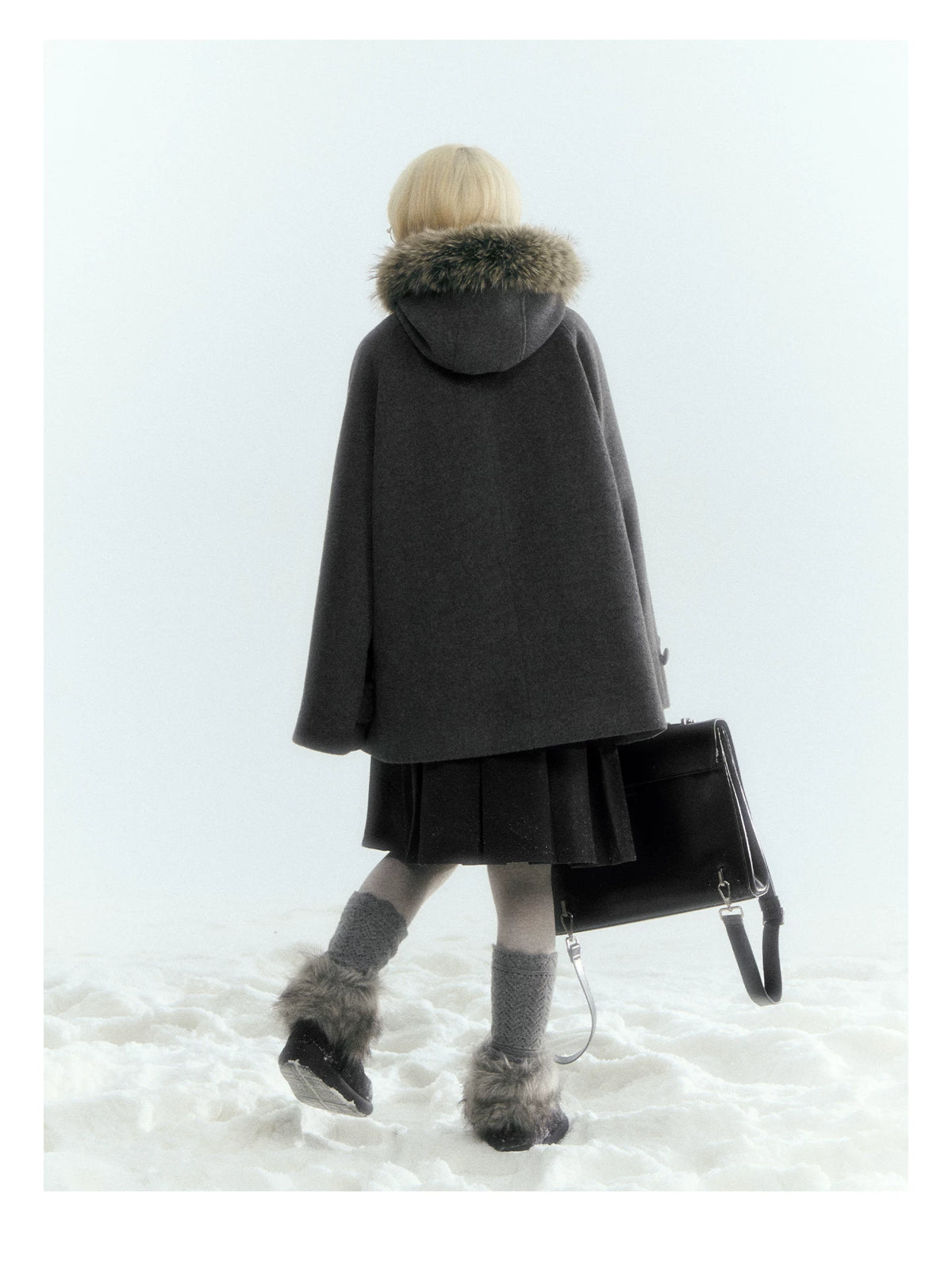 Japanese Hooded Double-Breasted Wool Coat (Deep Charcoal Gray / Taro Purple)
