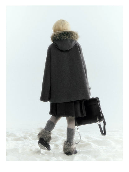 Japanese Hooded Double-Breasted Wool Coat (Deep Charcoal Gray / Taro Purple)