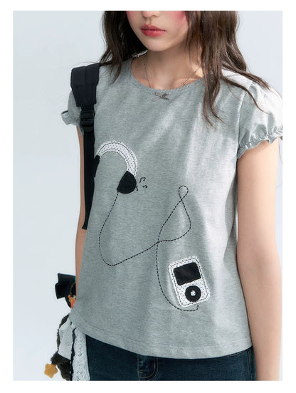 "Walkman Days" Retro Appliqué Puff Sleeve Tee