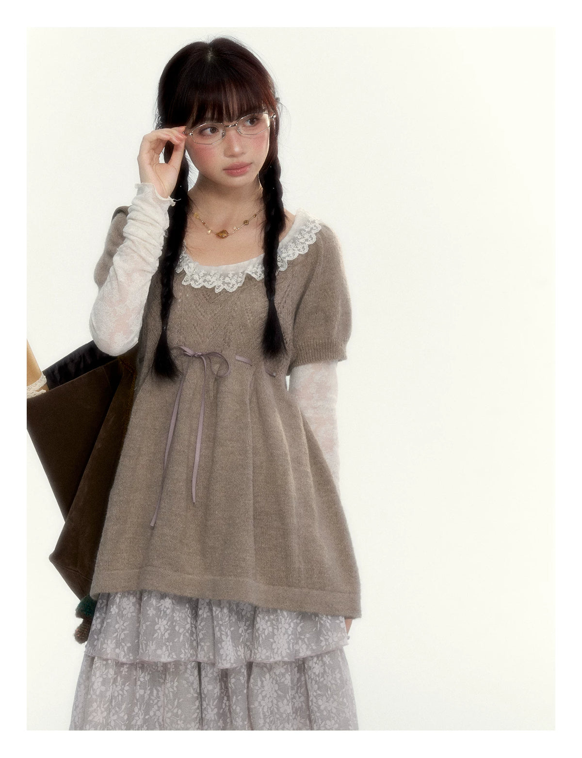 “Cloud Pleats” Chestnut Mist U-Neck Bow-Tie Puff Sleeve Knit Sweater