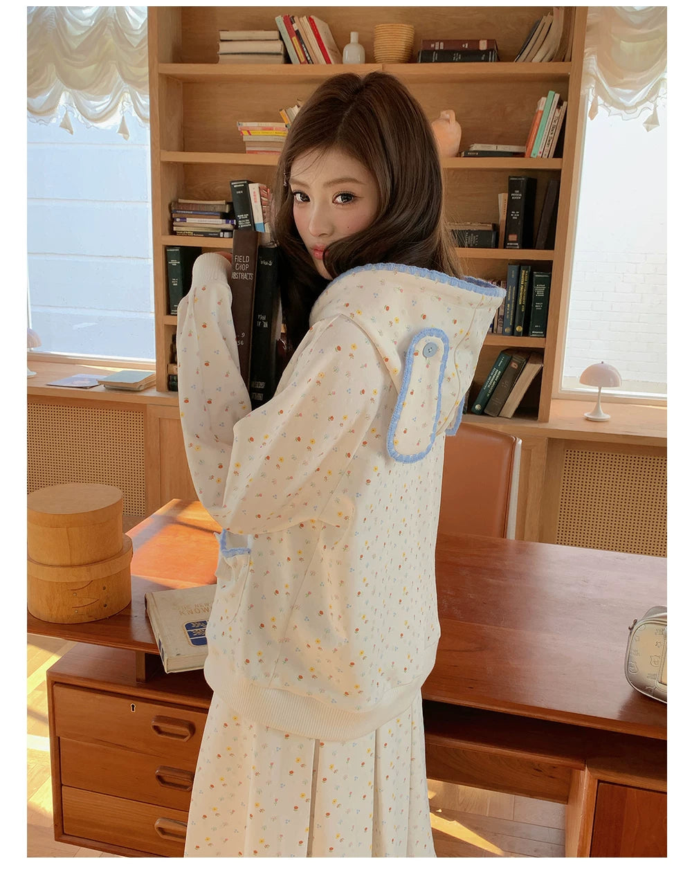 “Snow Bunny Reverie” Ivory Rabbit Ear Hoodie & Floral Pleated Mini Skirt
