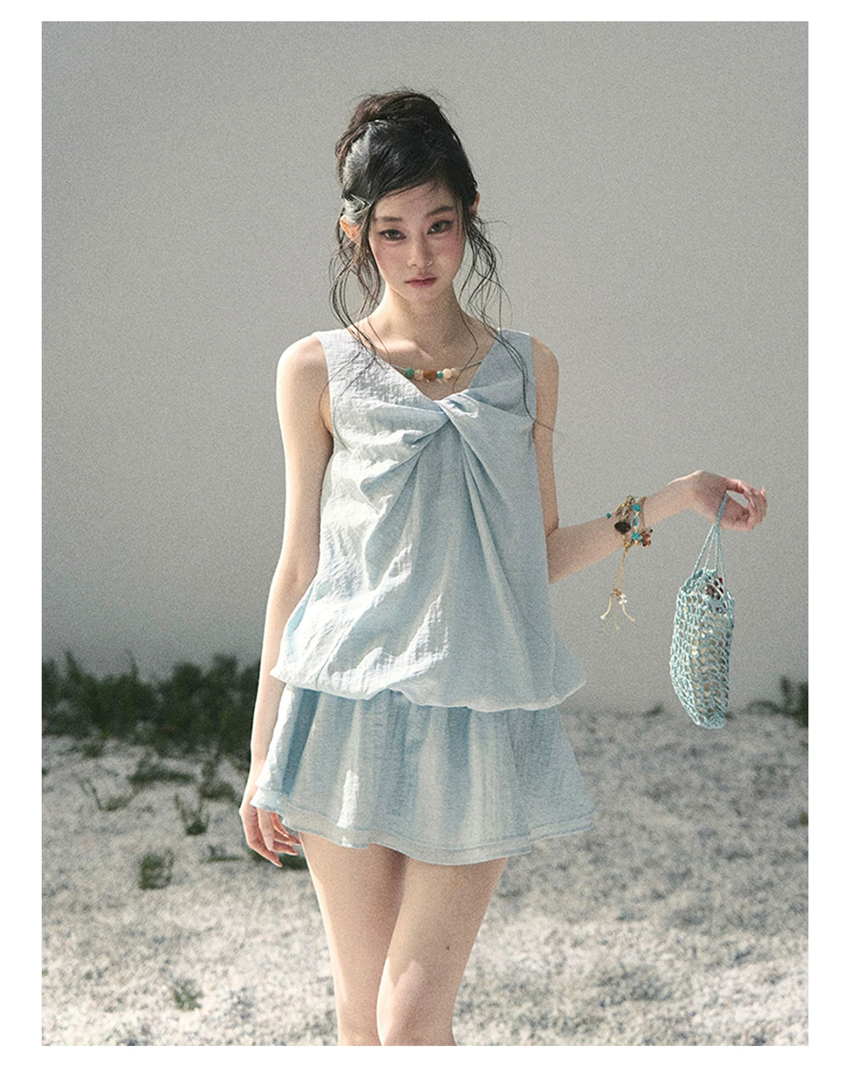 “Whispering Grass” Moonlight Blue Twist Mini Dress