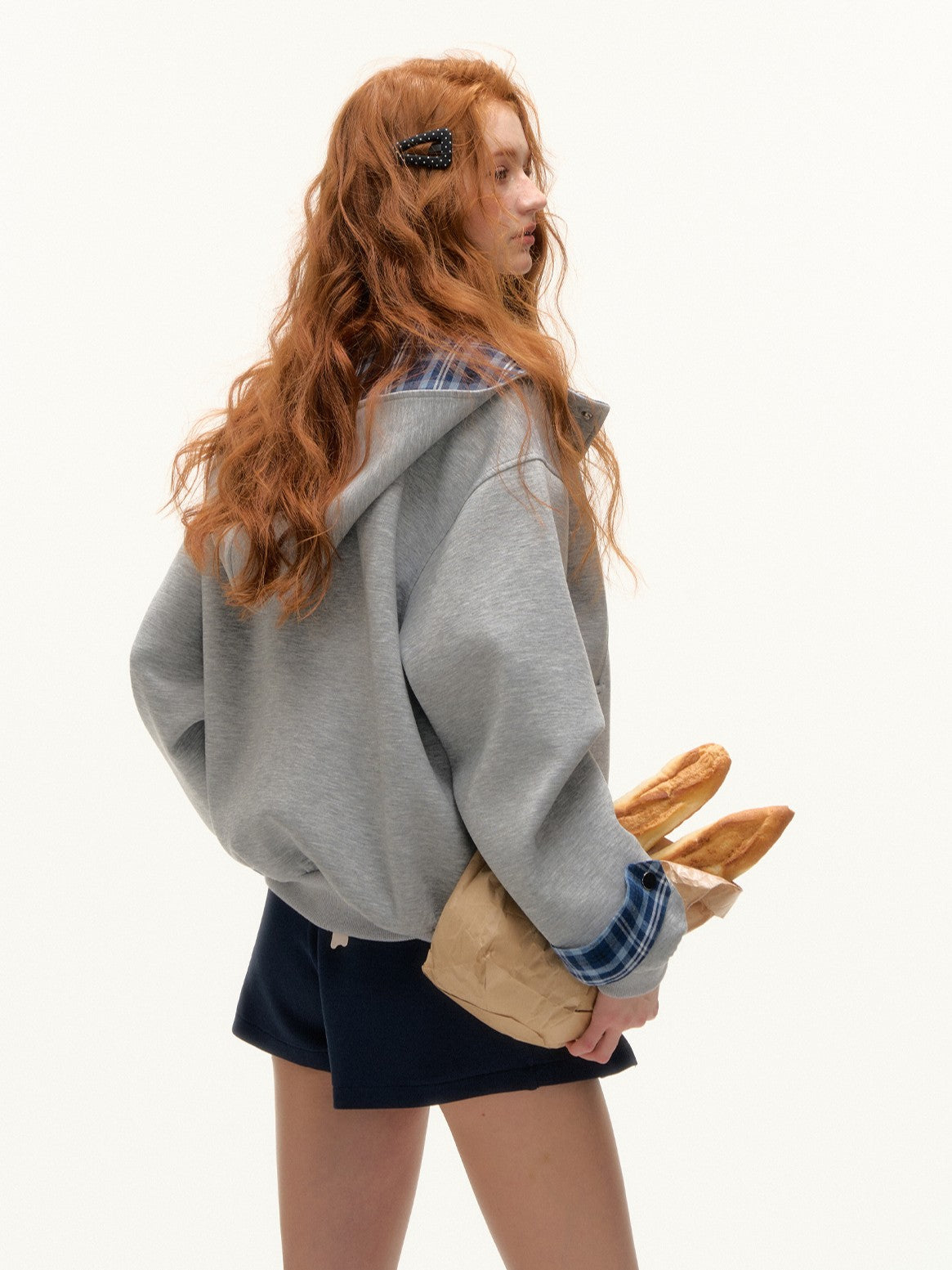ASGONY - Plaid-Lined Oversized Hoodie Jacket (Gray)