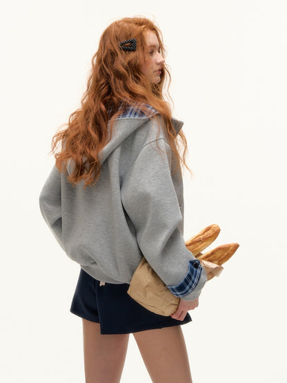 ASGONY - Plaid-Lined Oversized Hoodie Jacket (Gray)