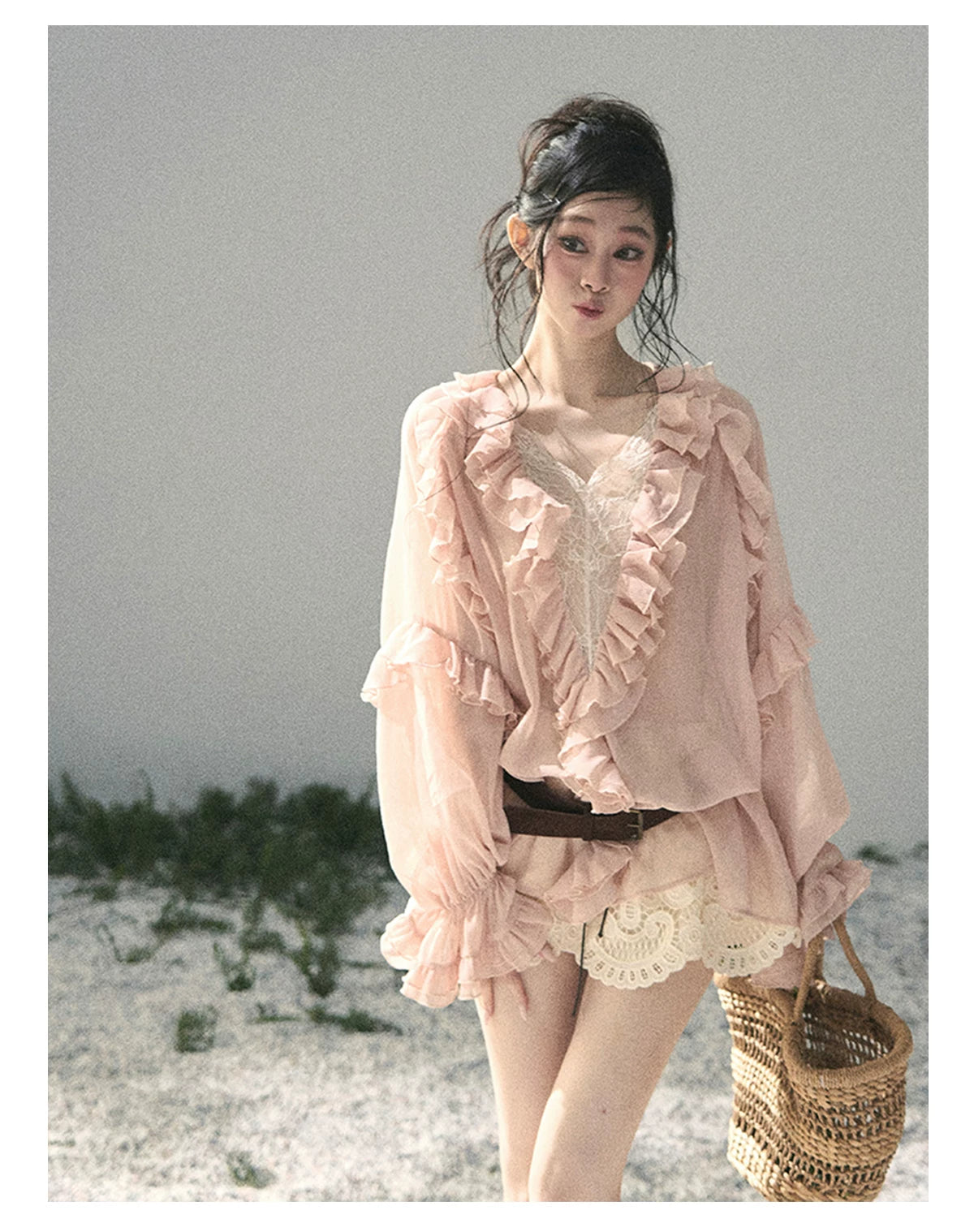 “Whispers of the Wind” Blush Pink Lace Chiffon Blouse (With Belt)