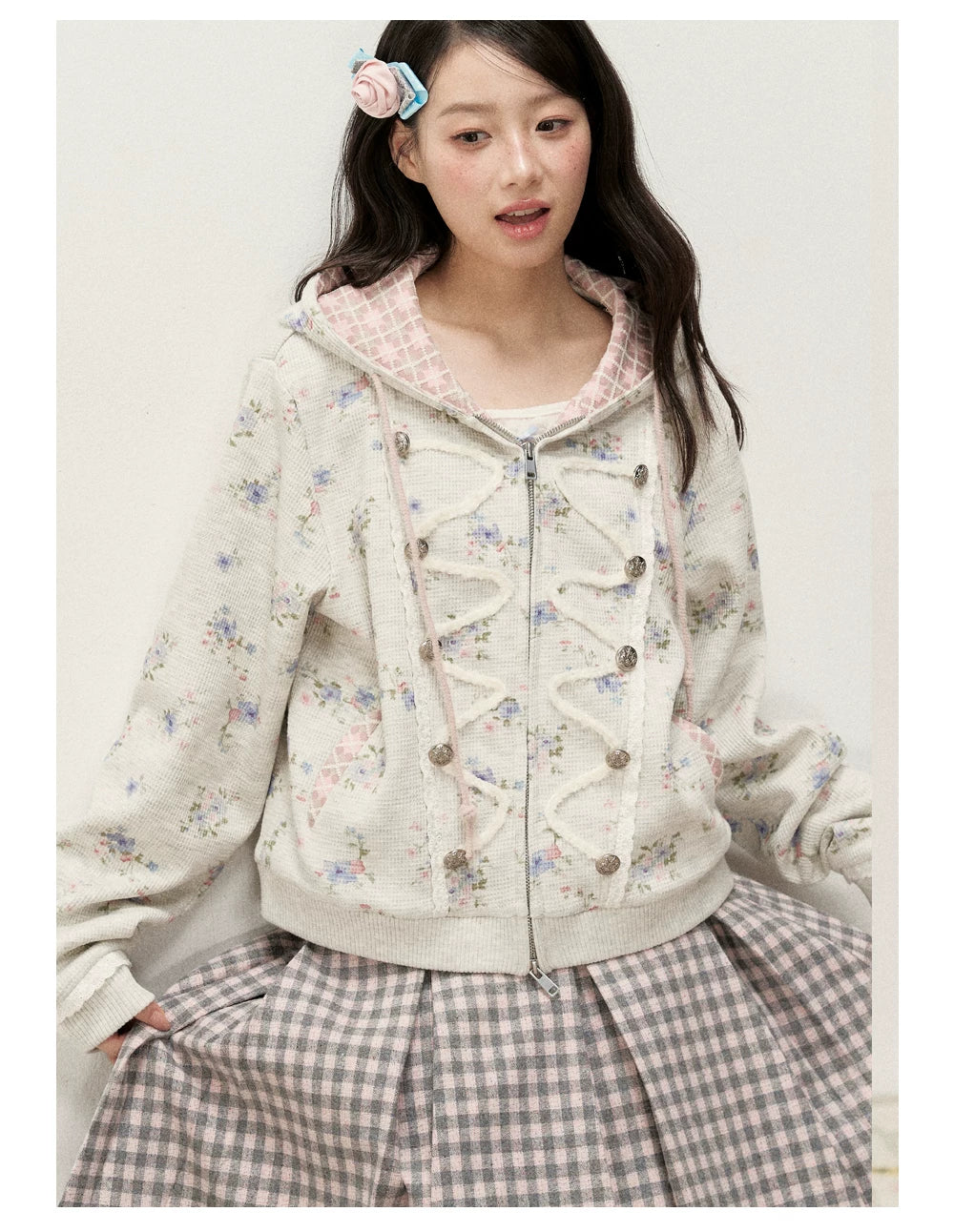 [RF] Vintage Floral Waffle Knit Hoodie Cardigan with Gingham Lining
