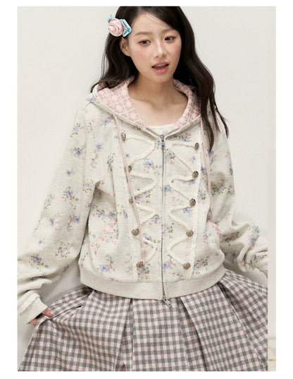 [RF] Vintage Floral Waffle Knit Hoodie Cardigan with Gingham Lining