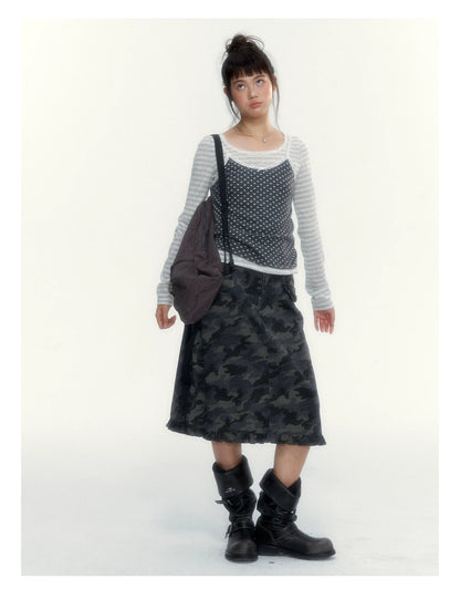 “Heart Dot” Charcoal Polka Dot Lace Trim Fitted Knit Cami