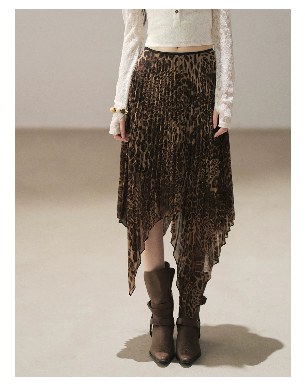 AOMALM - “Cocoa Leopard” Pleated Asymmetric Midi Skirt