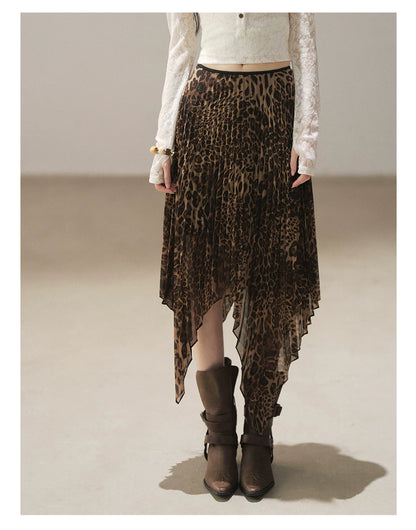 AOMALM - “Cocoa Leopard” Pleated Asymmetric Midi Skirt