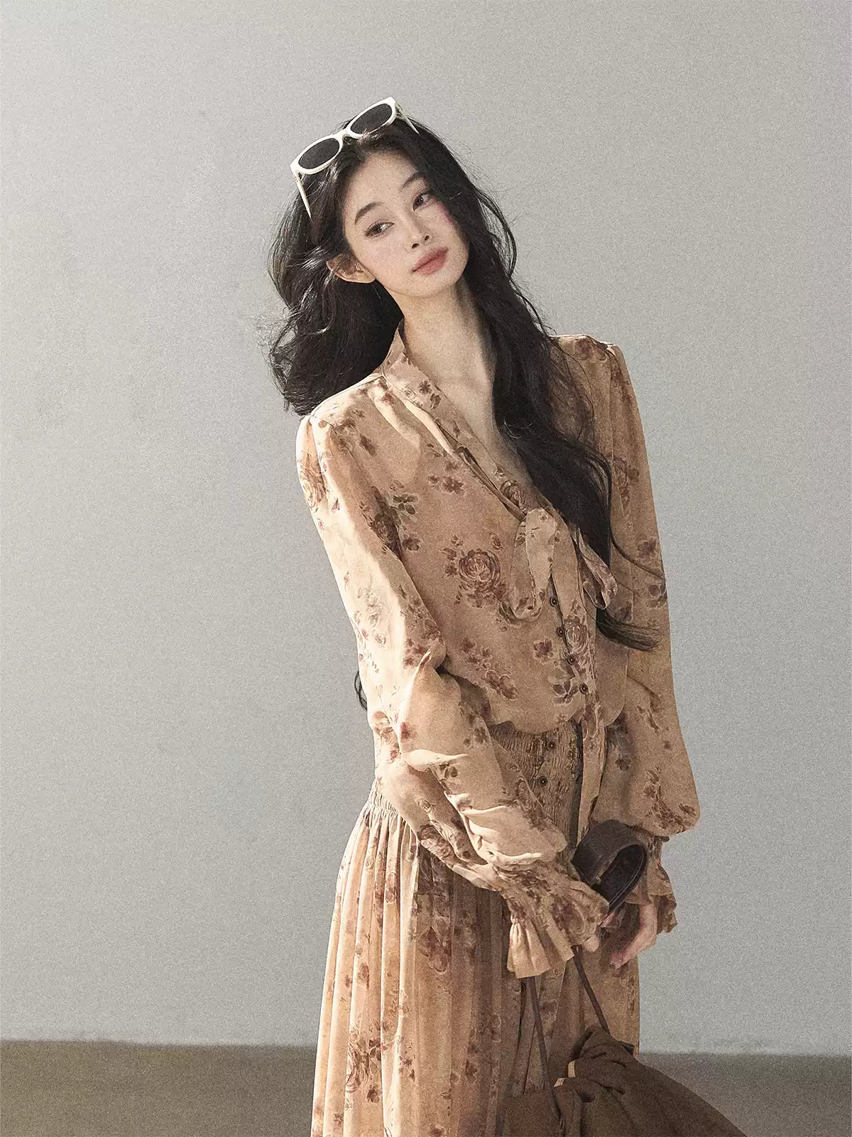 AOMALM - Oatmeal Rose-Print Chiffon Layered Maxi Dress Set