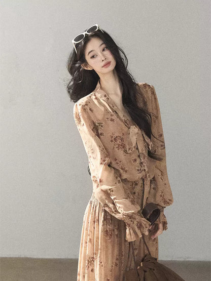 AOMALM - Oatmeal Rose-Print Chiffon Layered Maxi Dress Set