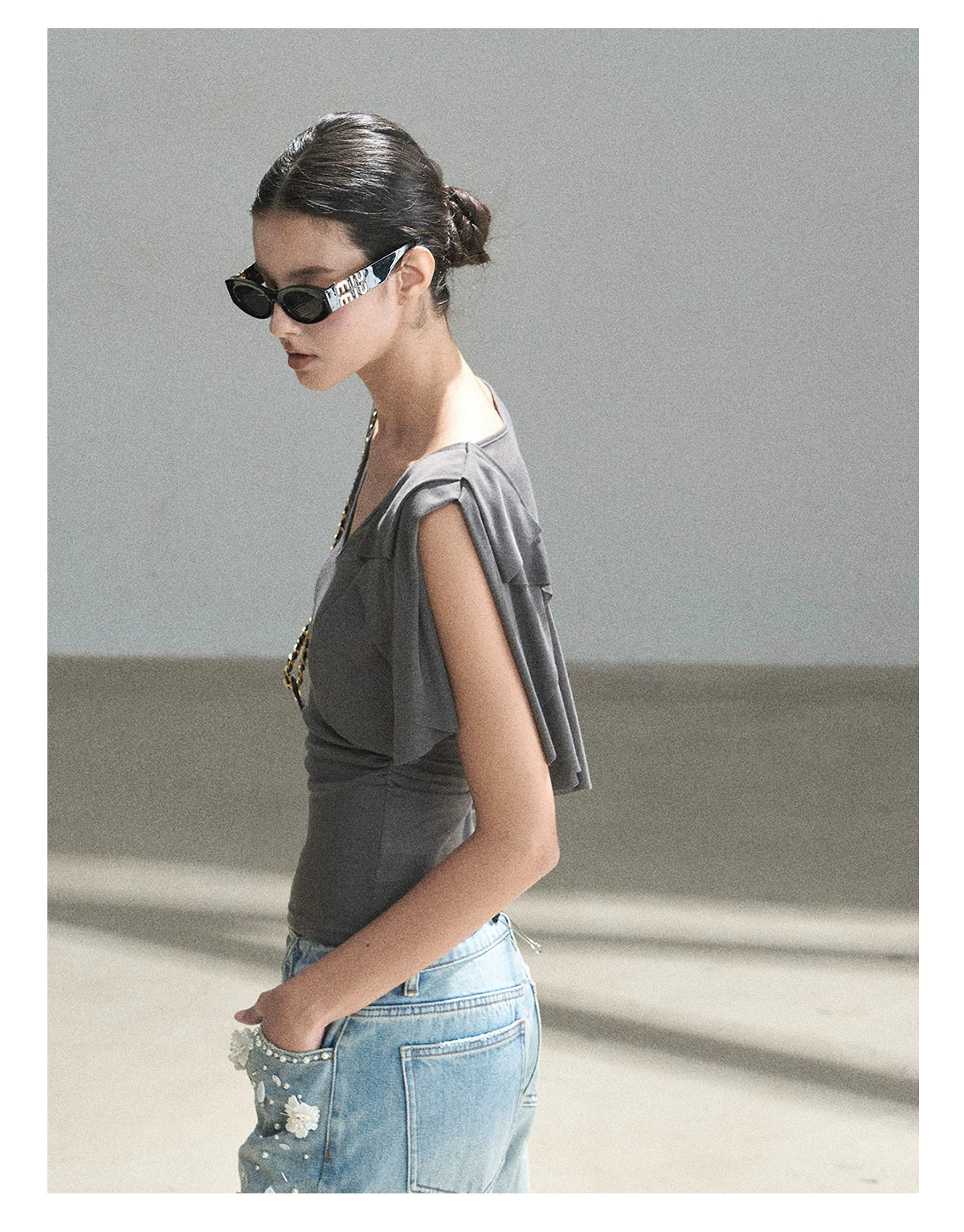 "Where Clouds Fall" Ruffle Sleeve V-Neck Crop Top (Forest Green/ Sage Gray/ Misty Blue/ Cinnamon Pink)