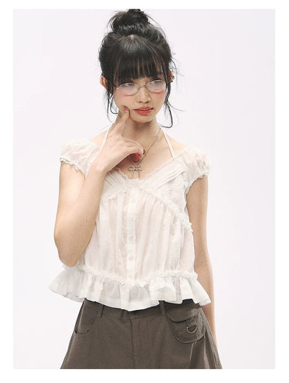 "French Meadow Romance" Ivory Lace Trim Halter Tie V-Neck Cotton Blouse