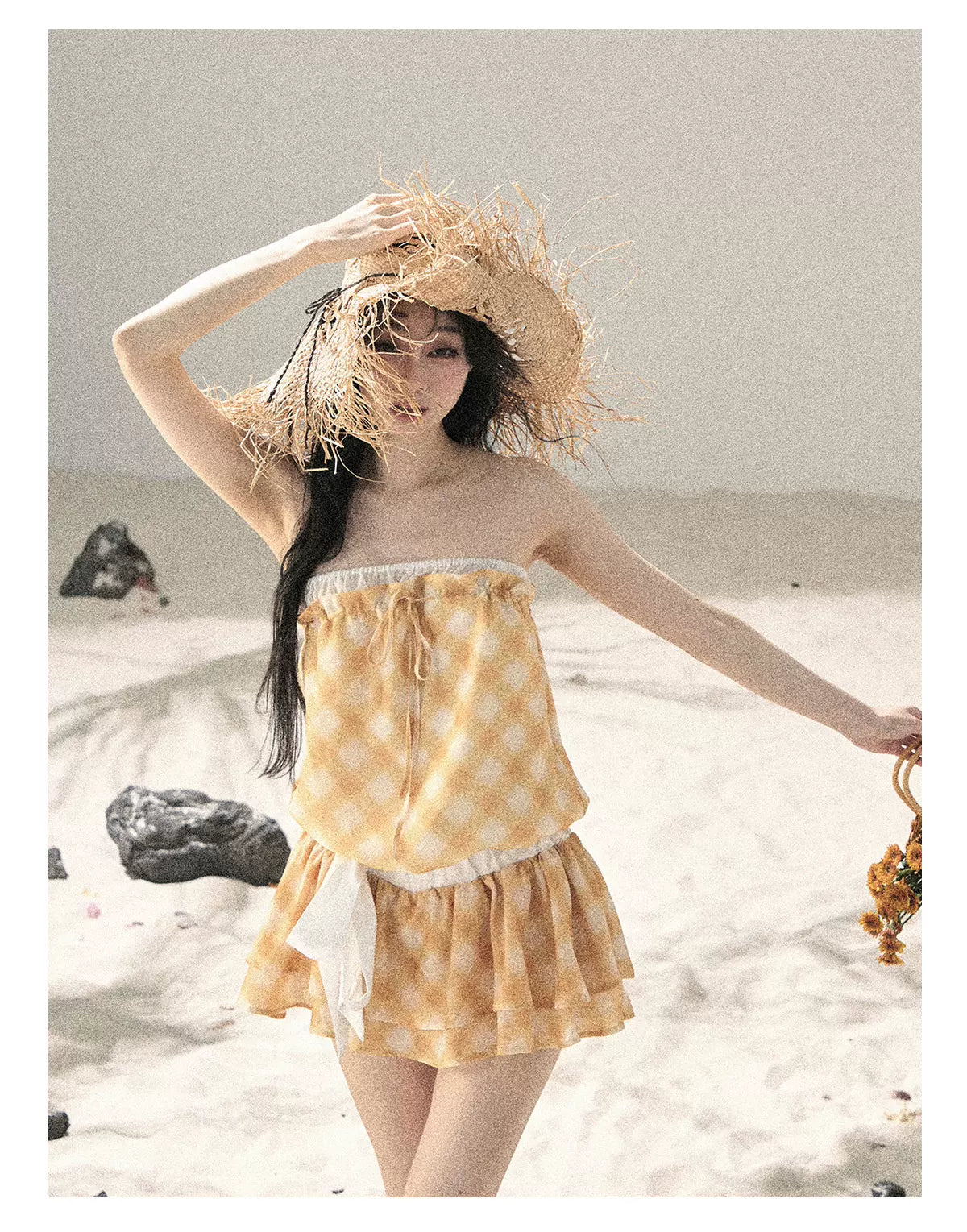 "Breeze Upon the Waves" Cheese Yellow Off-Shoulder Diamond Quilted Mini Dress