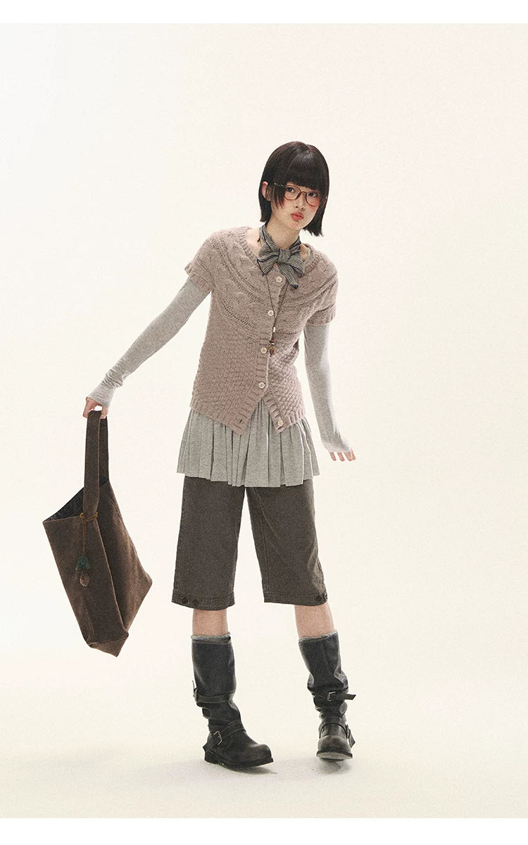 "Spring Memoir" TENCEL™ Wool Pleated Knit Midi Dress (Oat Gray/ Butter Cream)