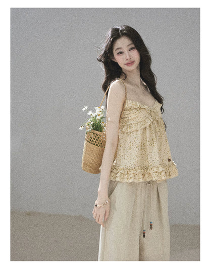 "Her Little Daisy" Milkshake Yellow Floral Ruffle Cami Top