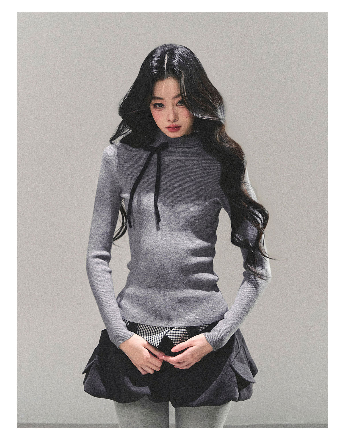 少也眼 “Velvet Touch” Semi-Turtleneck Long Sleeve Knit Top - Gray 586255478