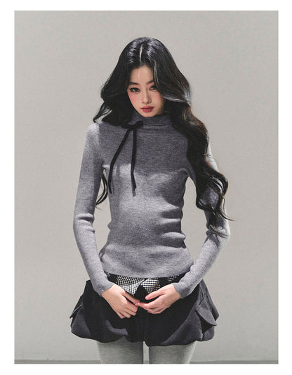 少也眼 “Velvet Touch” Semi-Turtleneck Long Sleeve Knit Top - Gray 586255478