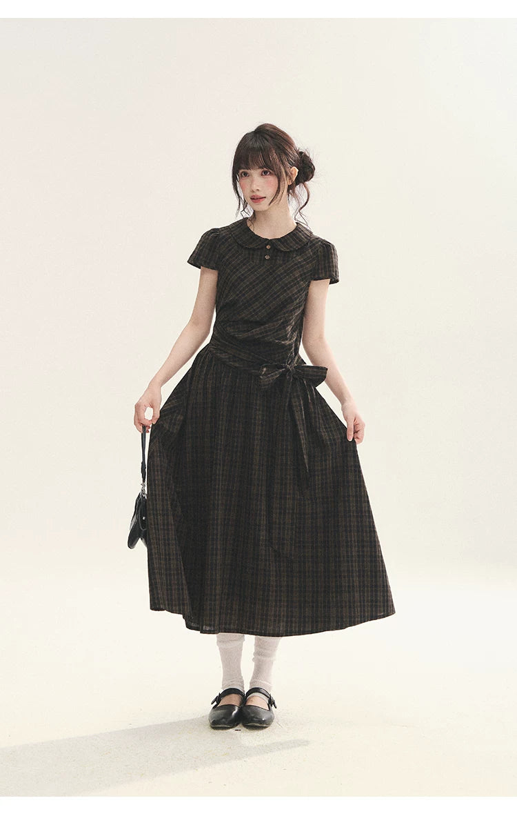 "Vintage Scholar" Black Brown Plaid Bow Tie Peter Pan Collar Maxi Dress