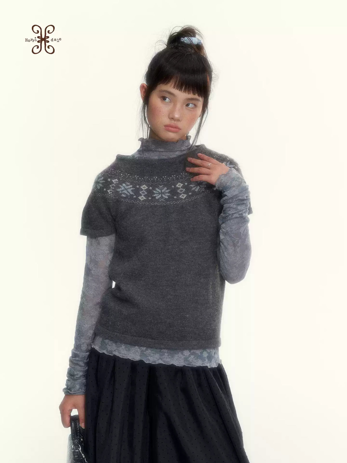 Deep Gray Fair Isle Short-Sleeve Knit Sweater