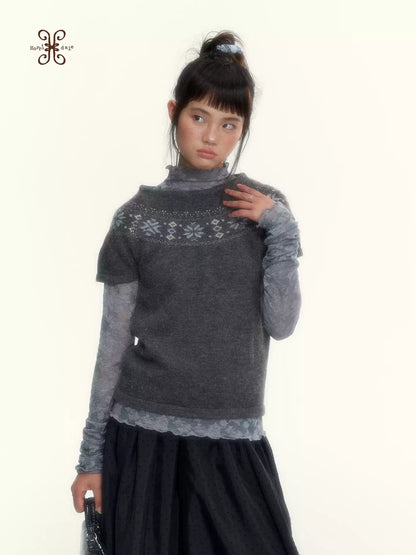 Deep Gray Fair Isle Short-Sleeve Knit Sweater