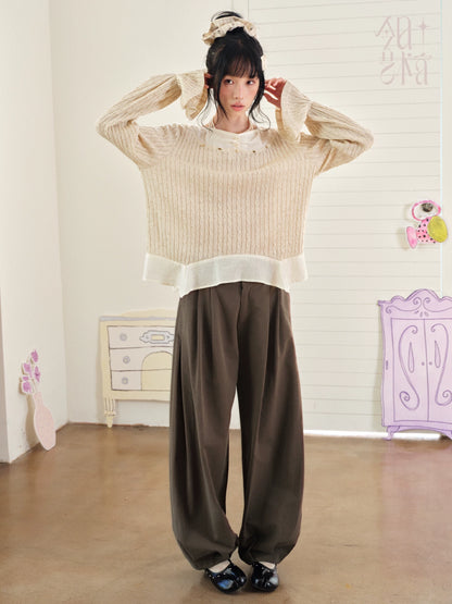 DAILY ARTIST - Almond Beige Lace-Trim Textured Knit Top