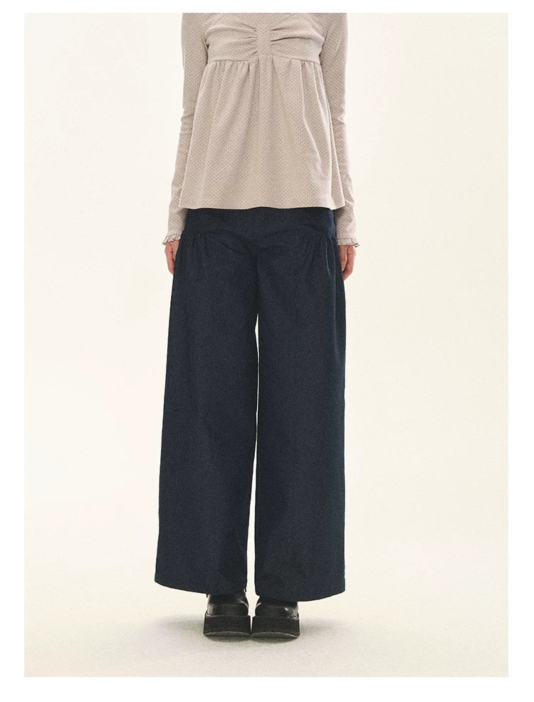 "Lazy Weekend" Deep Blue Ruched Wide Leg Jeans