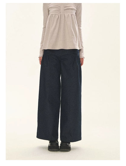 "Lazy Weekend" Deep Blue Ruched Wide Leg Jeans