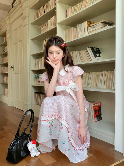 [RF] “Pink Camellia” Cherry Red Plaid Bow Two-Piece Set