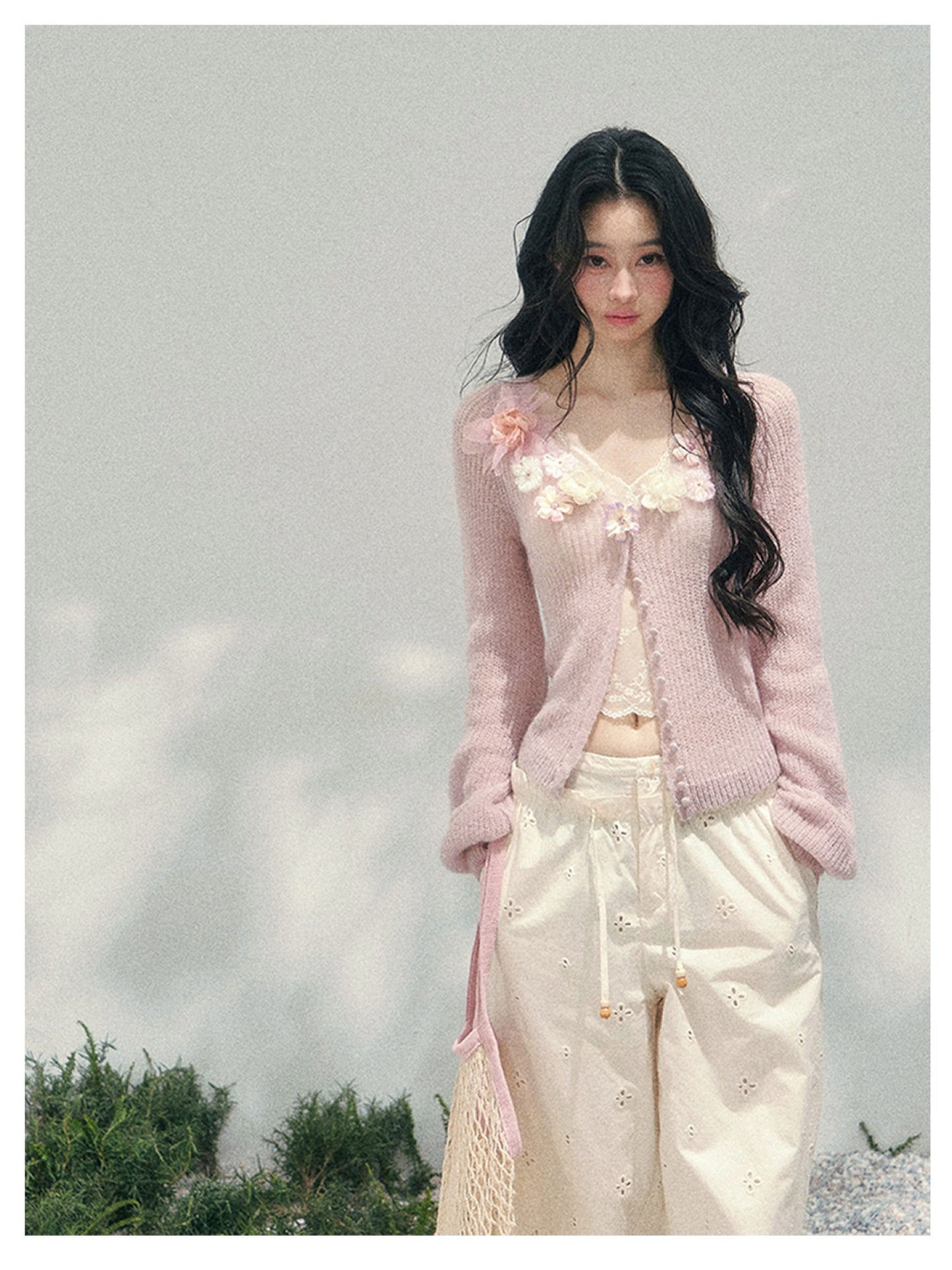 少也眼 “Spring Meadow Breeze” Floral-Embellished Mohair Knit Cardigan Set 5786998