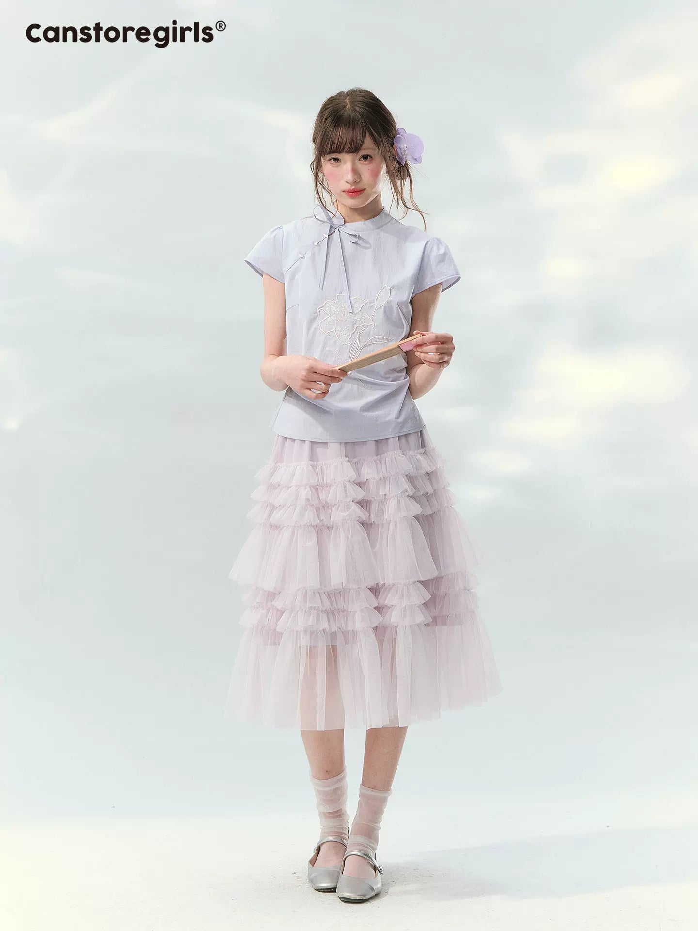 “Taro Peach Layers” Dusty Lilac Tiered Tulle Midi Skirt