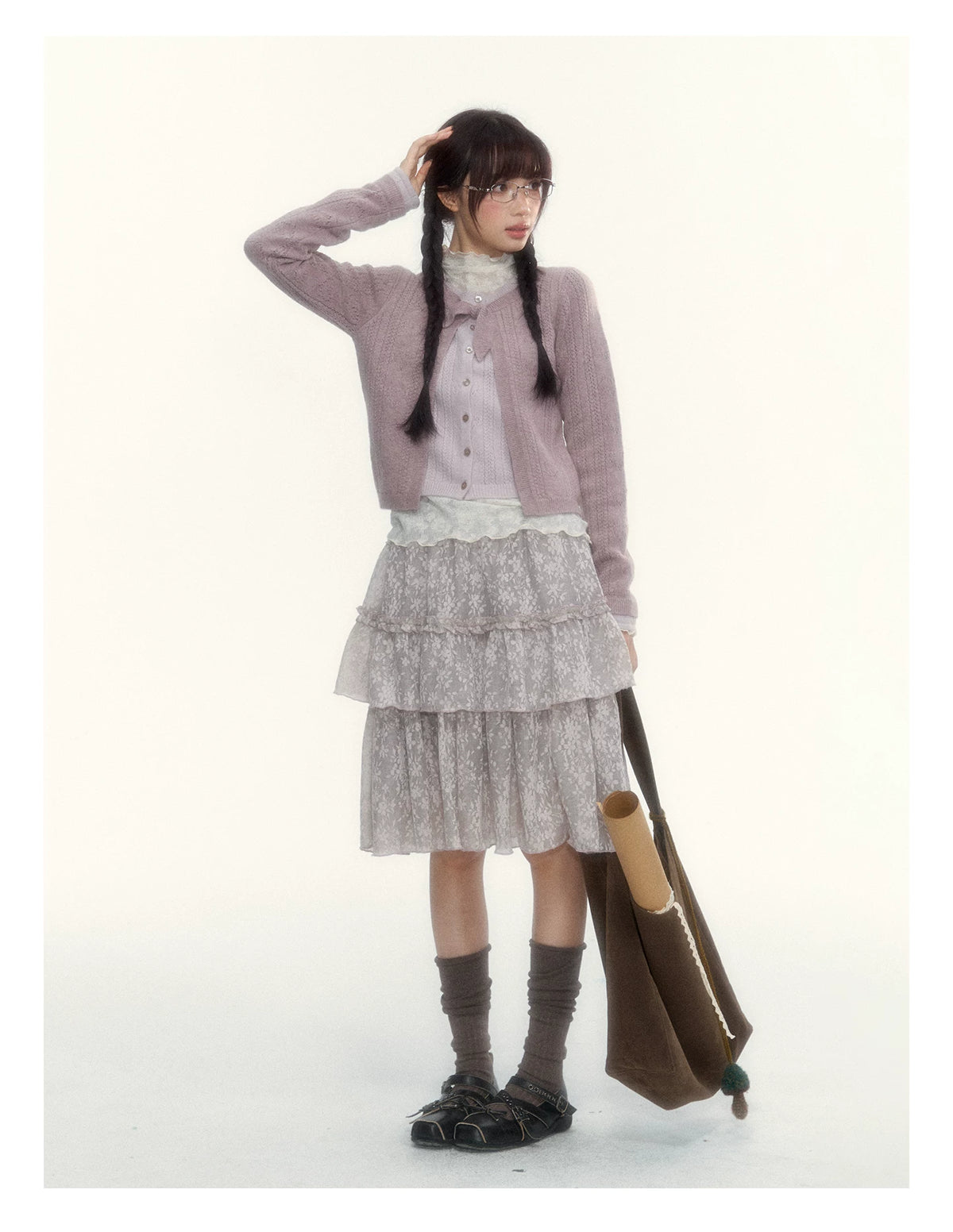 Misty Gray Pink Vintage Lace Tiered A-Line Skirt