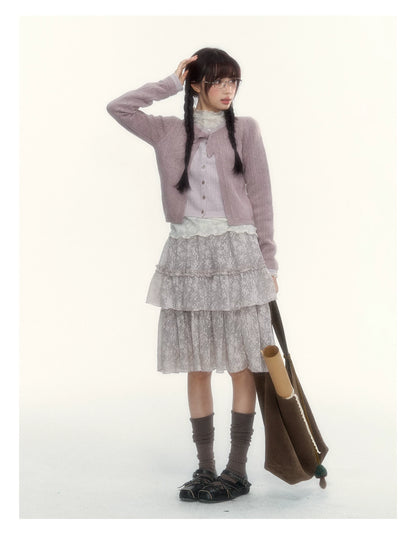 Misty Gray Pink Vintage Lace Tiered A-Line Skirt